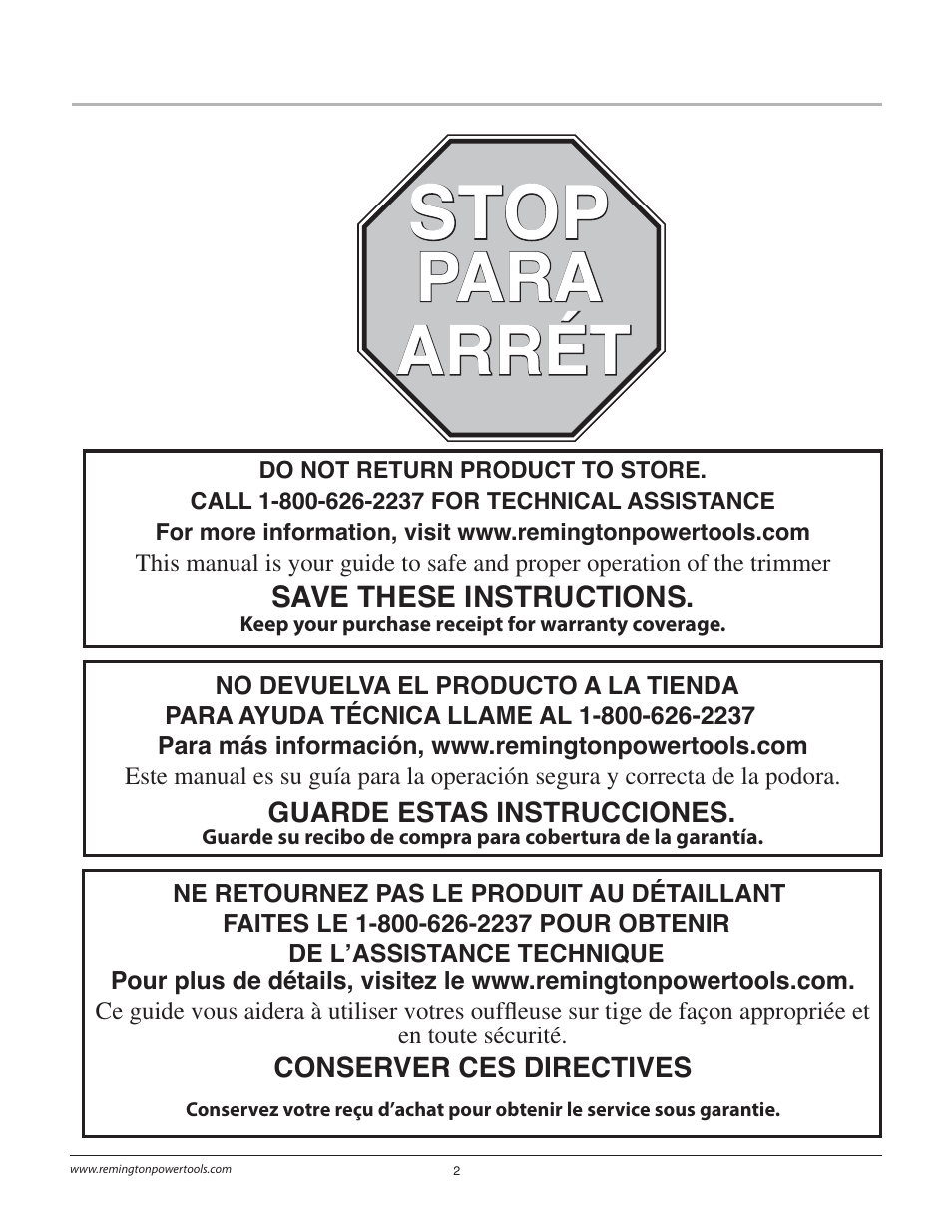Stop, Para, Para arrét arrét | Remington Power Tools BS1812A User Manual | Page 2 / 44