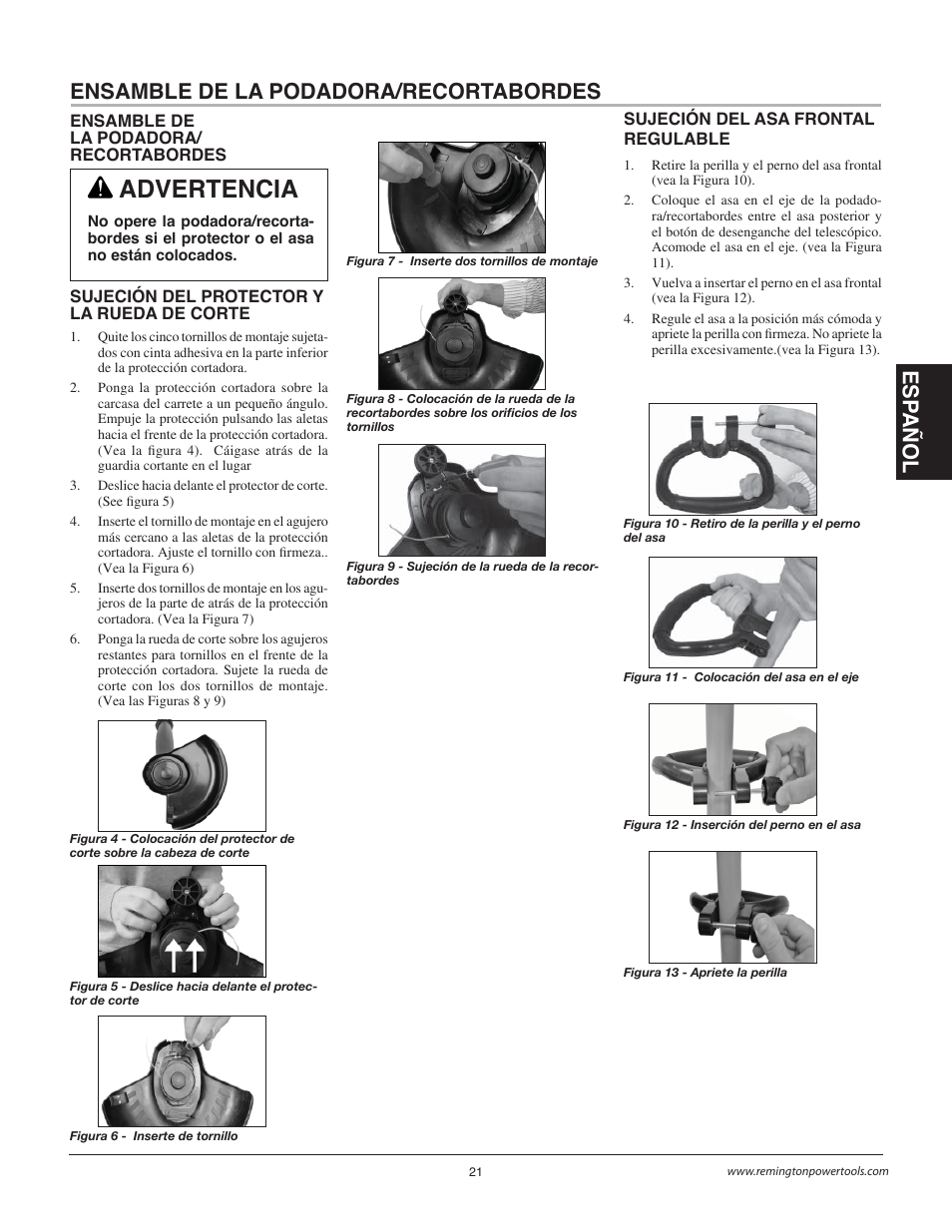 Advertencia, Esp a ño l ensamble de la podadora/recortabordes | Remington Power Tools BS1812A User Manual | Page 21 / 44