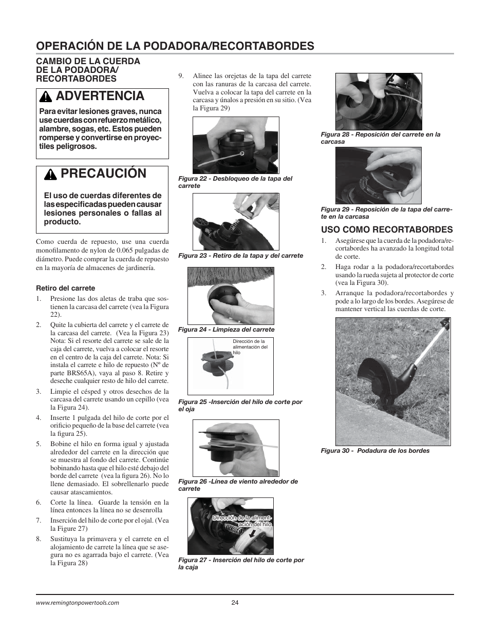 Advertencia, Precaución, Operación de la podadora/recortabordes | Remington Power Tools BS1812A User Manual | Page 24 / 44