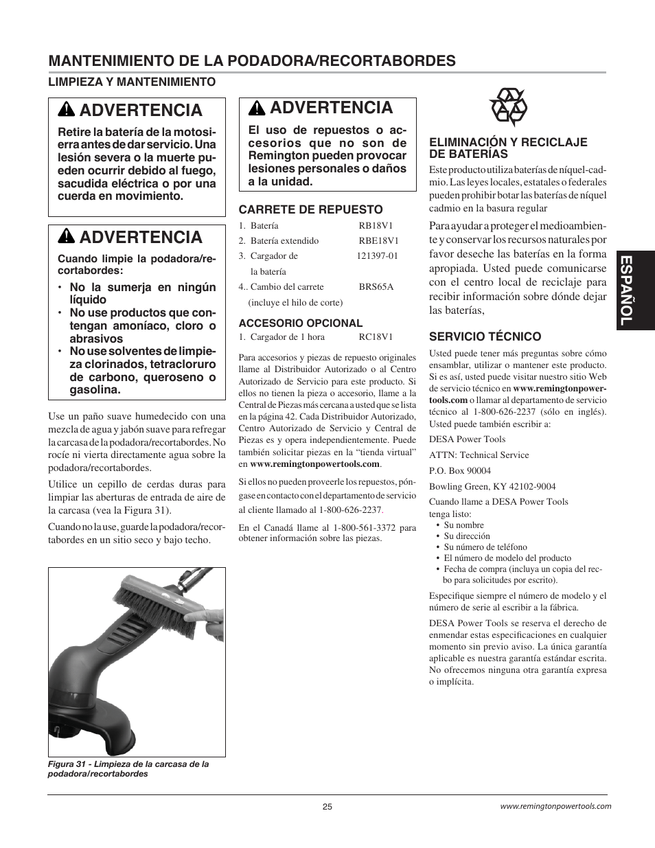 Advertencia | Remington Power Tools BS1812A User Manual | Page 25 / 44