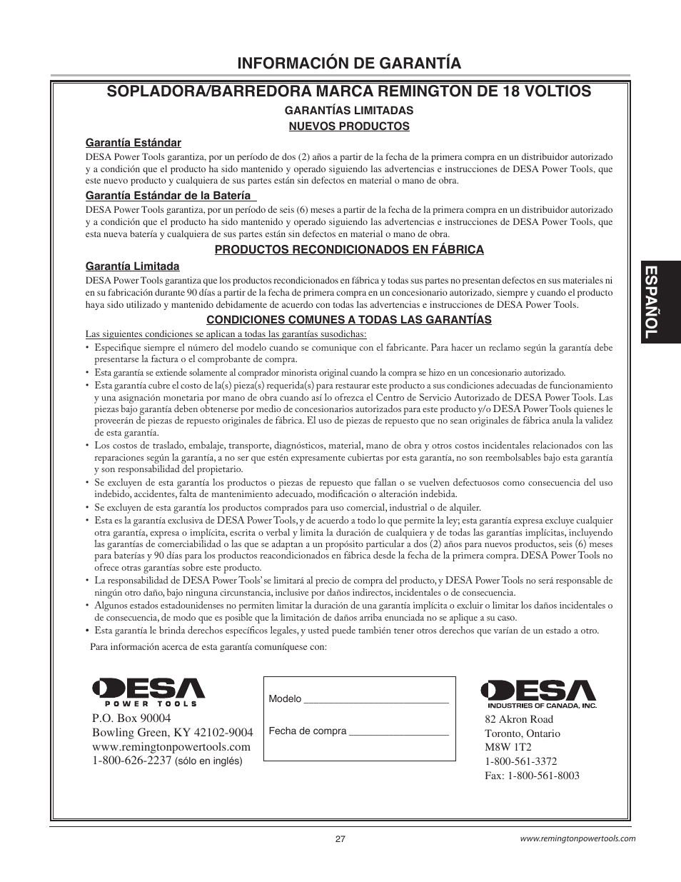 Esp a ño l | Remington Power Tools BS1812A User Manual | Page 27 / 44