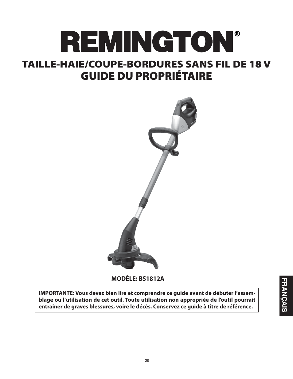 Guide du propriétaire, Taille-haie/coupe-bordures sans fil de 18 v | Remington Power Tools BS1812A User Manual | Page 29 / 44