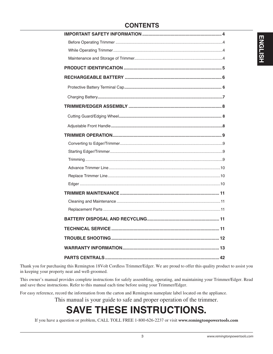 Save these instructions, En gli s h contents | Remington Power Tools BS1812A User Manual | Page 3 / 44