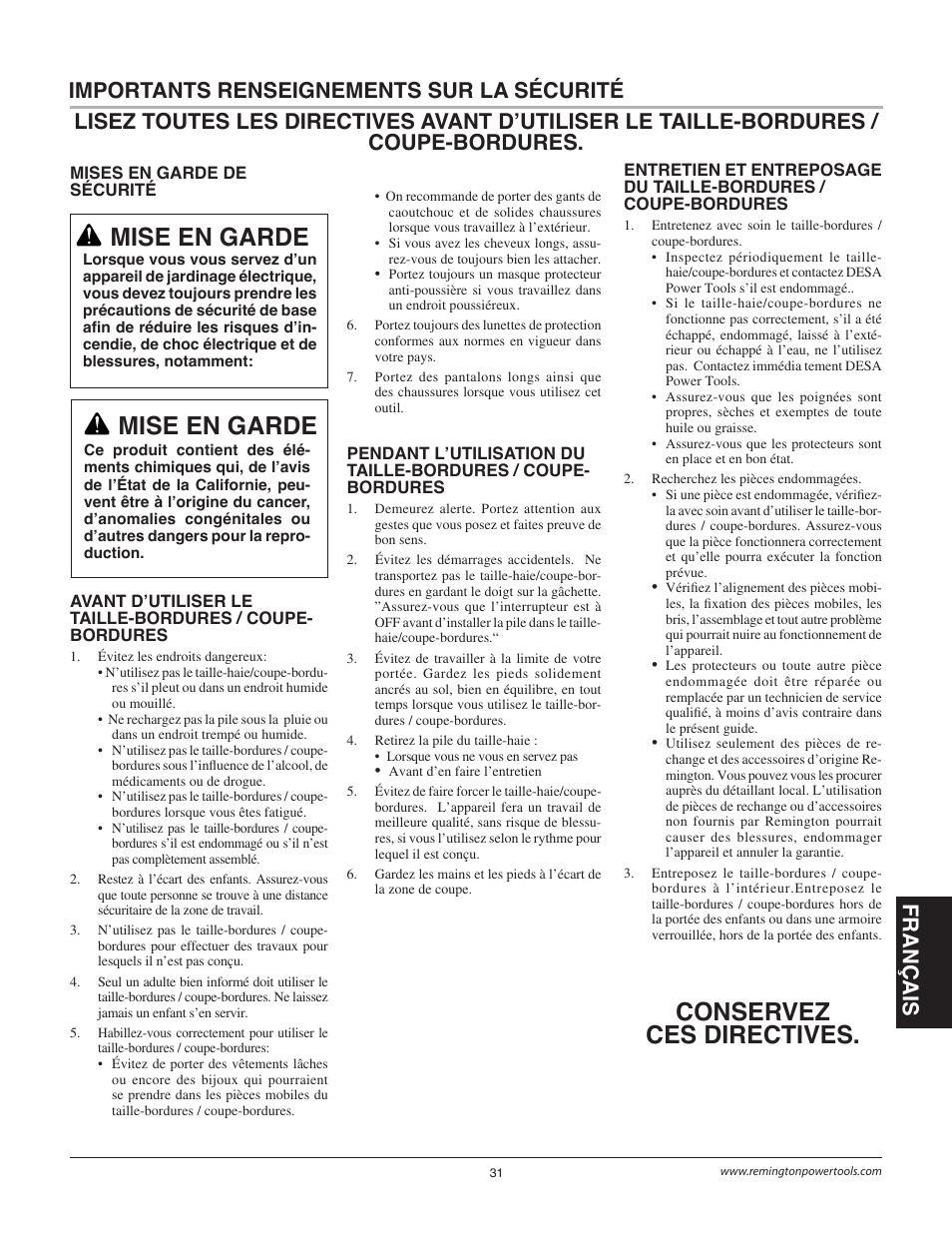 Mise en garde, Conservez ces directives | Remington Power Tools BS1812A User Manual | Page 31 / 44