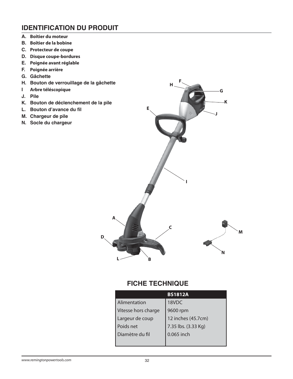 Fiche technique, Identification du produit | Remington Power Tools BS1812A User Manual | Page 32 / 44