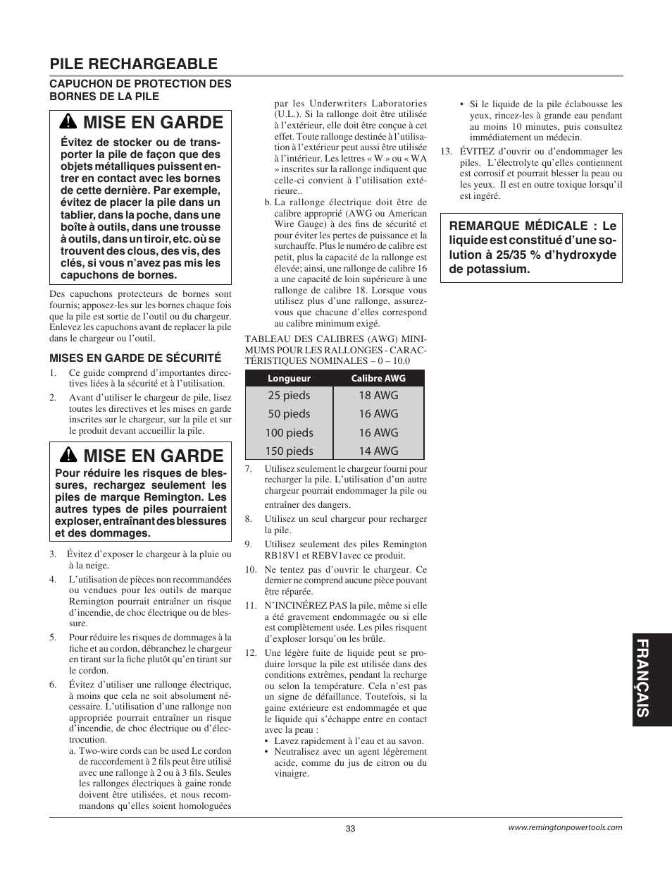 Mise en garde | Remington Power Tools BS1812A User Manual | Page 33 / 44