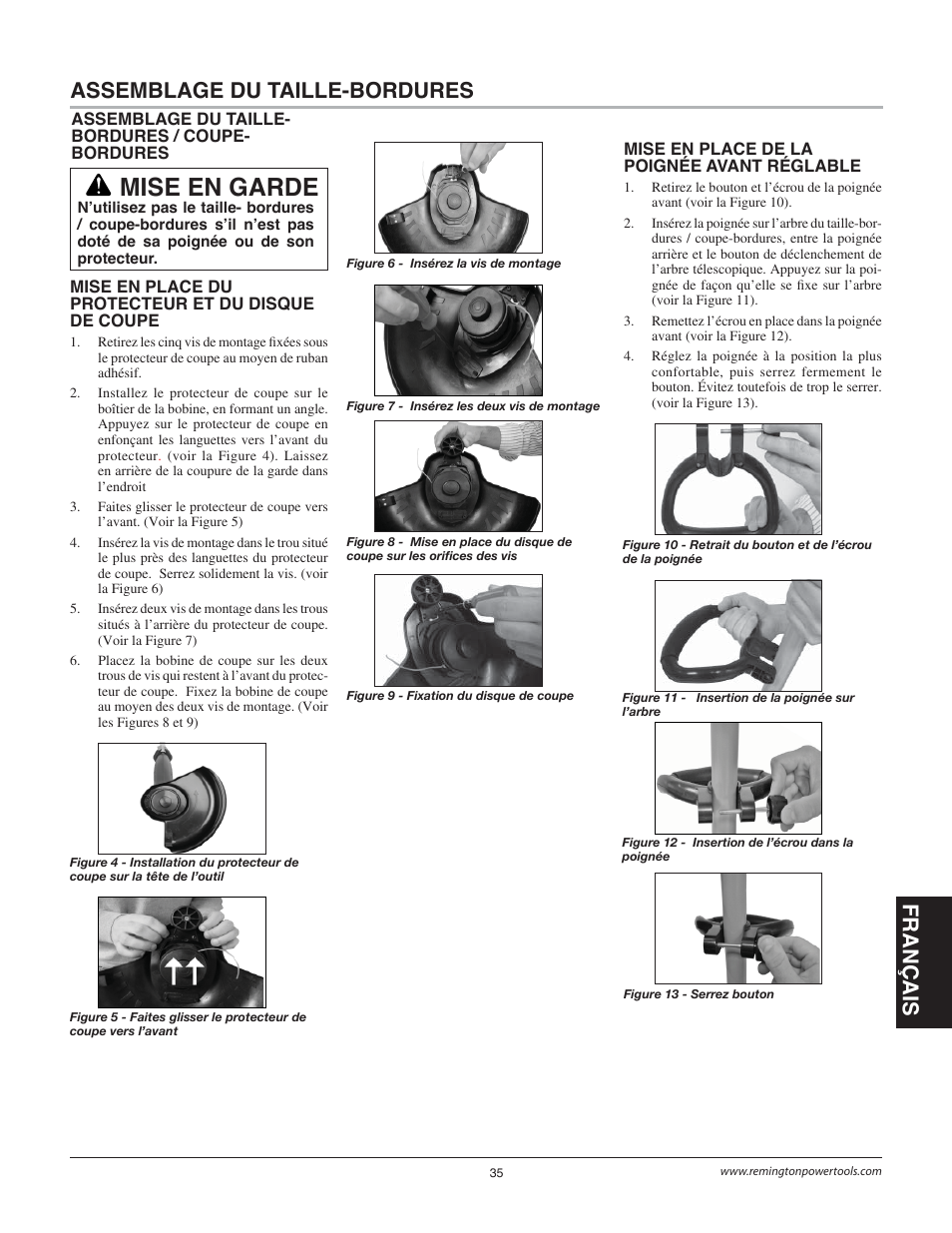Mise en garde, Assemblage du taille-bordures | Remington Power Tools BS1812A User Manual | Page 35 / 44