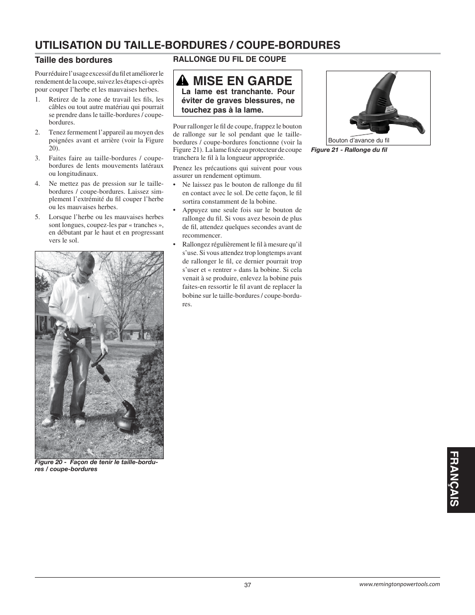Mise en garde | Remington Power Tools BS1812A User Manual | Page 37 / 44