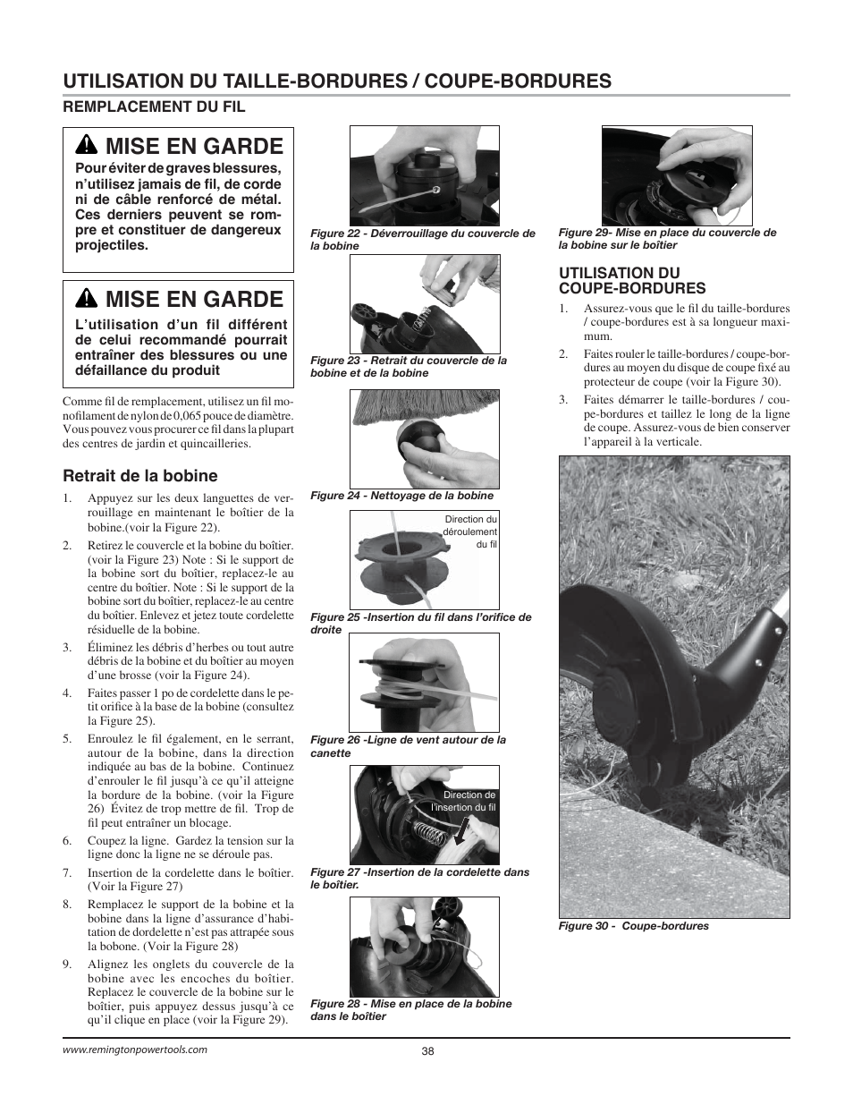 Mise en garde, Utilisation du taille-bordures / coupe-bordures | Remington Power Tools BS1812A User Manual | Page 38 / 44
