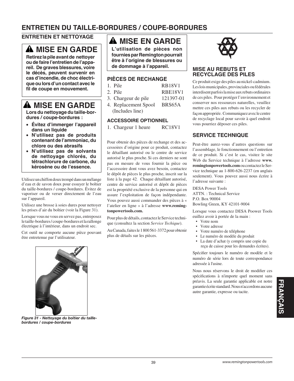 Mise en garde | Remington Power Tools BS1812A User Manual | Page 39 / 44