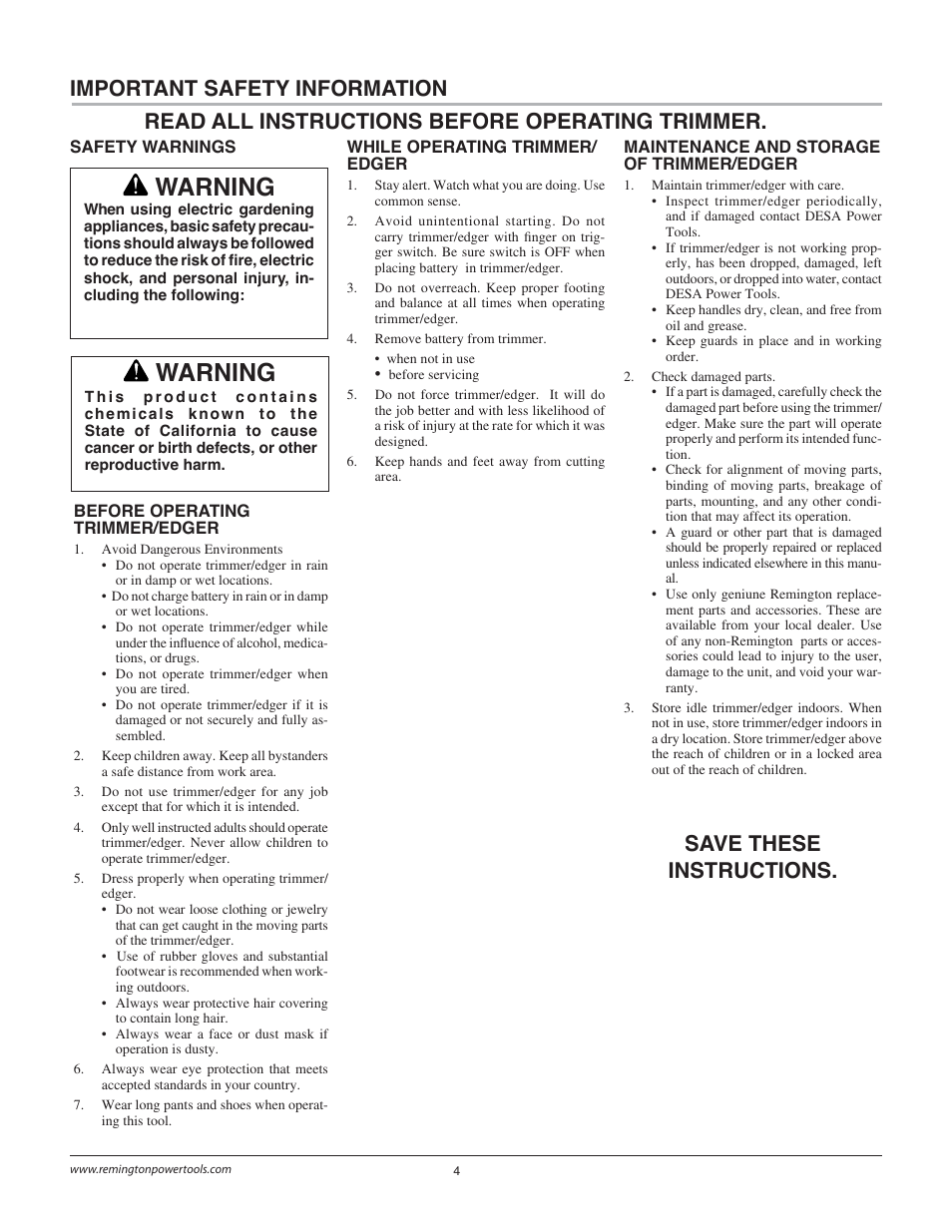 Warning, Important safety information | Remington Power Tools BS1812A User Manual | Page 4 / 44