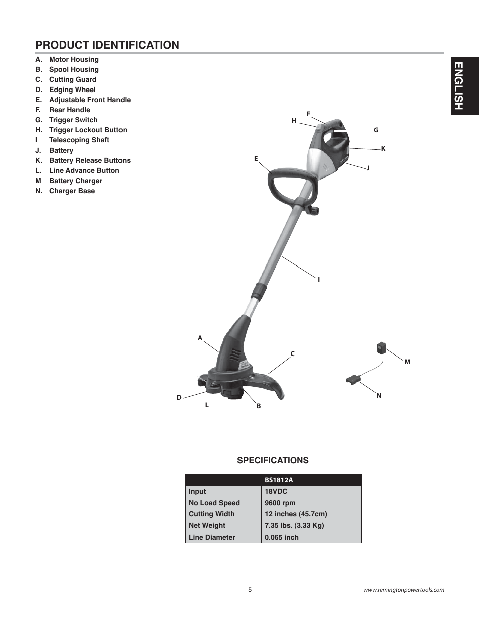 Product identification, En gli s h | Remington Power Tools BS1812A User Manual | Page 5 / 44
