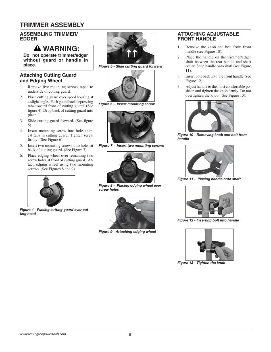 Warning, Trimmer assembly | Remington Power Tools BS1812A User Manual | Page 8 / 44
