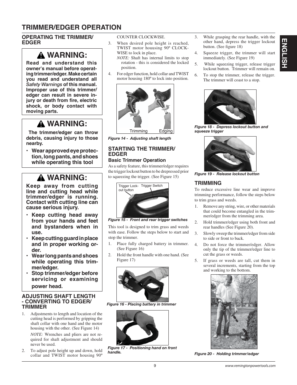 Warning, Trimmer/edger operation, En gli s h | Remington Power Tools BS1812A User Manual | Page 9 / 44