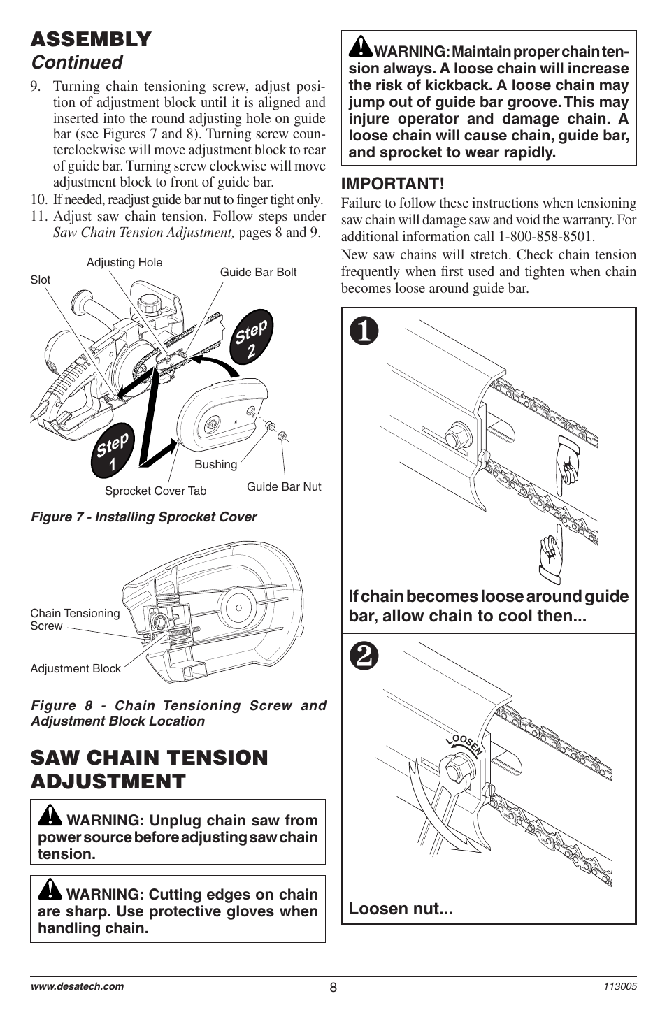 Saw chain tension adjustment, Assembly, Continued | Remington Power Tools Electric Chain Saw User Manual | Page 10 / 72