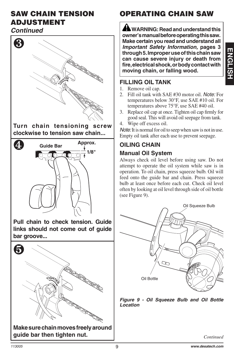 English operating chain saw, Saw chain tension adjustment, Continued | Remington Power Tools Electric Chain Saw User Manual | Page 11 / 72