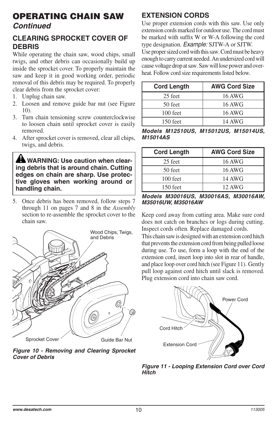 Operating chain saw, Continued, Extension cords | Clearing sprocket cover of debris | Remington Power Tools Electric Chain Saw User Manual | Page 12 / 72