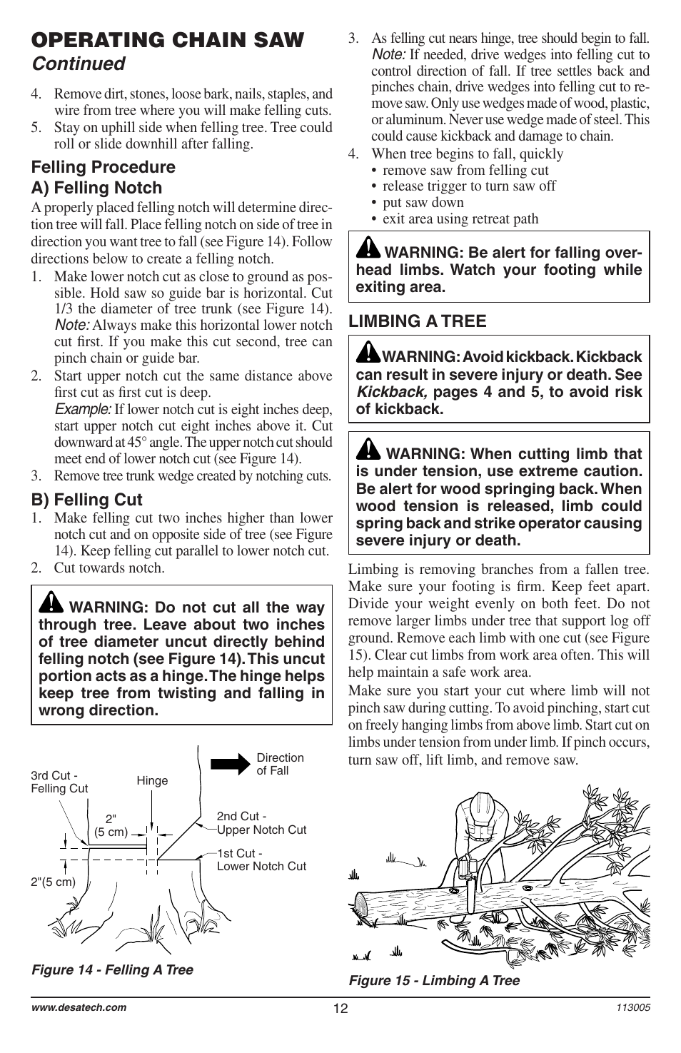 Operating chain saw, Continued, Limbing a tree | Felling procedure a) felling notch, B) felling cut | Remington Power Tools Electric Chain Saw User Manual | Page 14 / 72