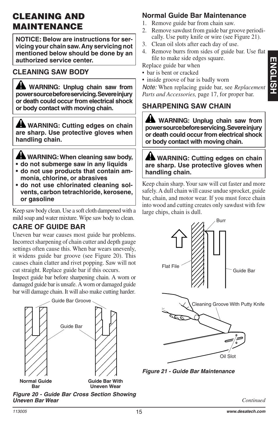 English, Cleaning and maintenance, Care of guide bar | Cleaning saw body, Normal guide bar maintenance, Sharpening saw chain | Remington Power Tools Electric Chain Saw User Manual | Page 17 / 72