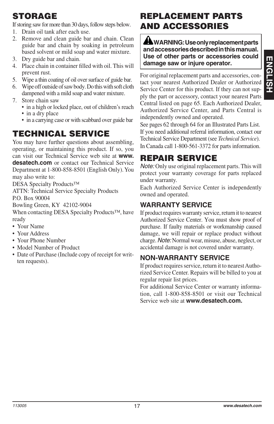 English storage, Technical service, Replacement parts and accessories | Repair service | Remington Power Tools Electric Chain Saw User Manual | Page 19 / 72