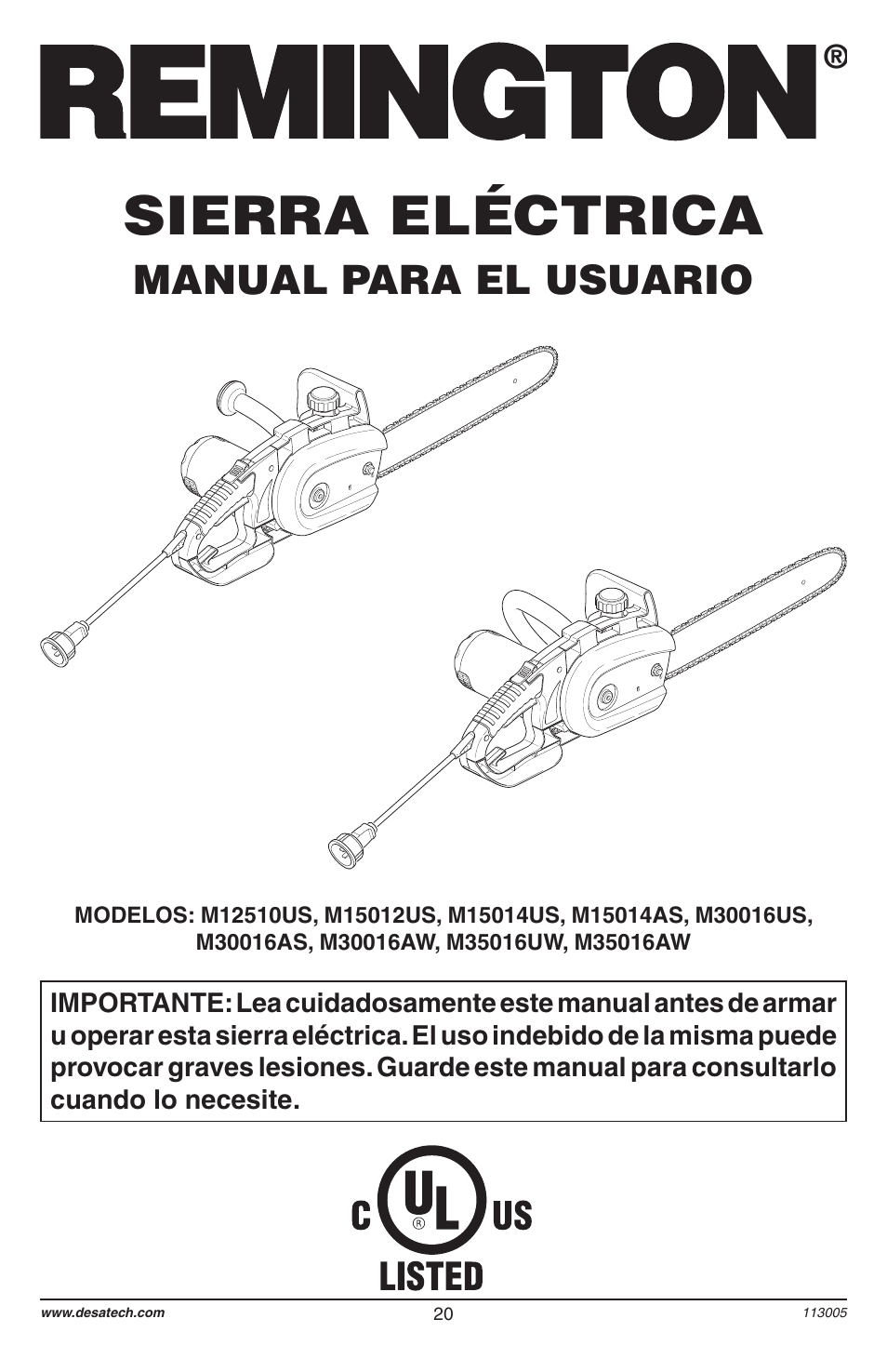 Sierra eléctrica, Manual para el usuario | Remington Power Tools Electric Chain Saw User Manual | Page 22 / 72