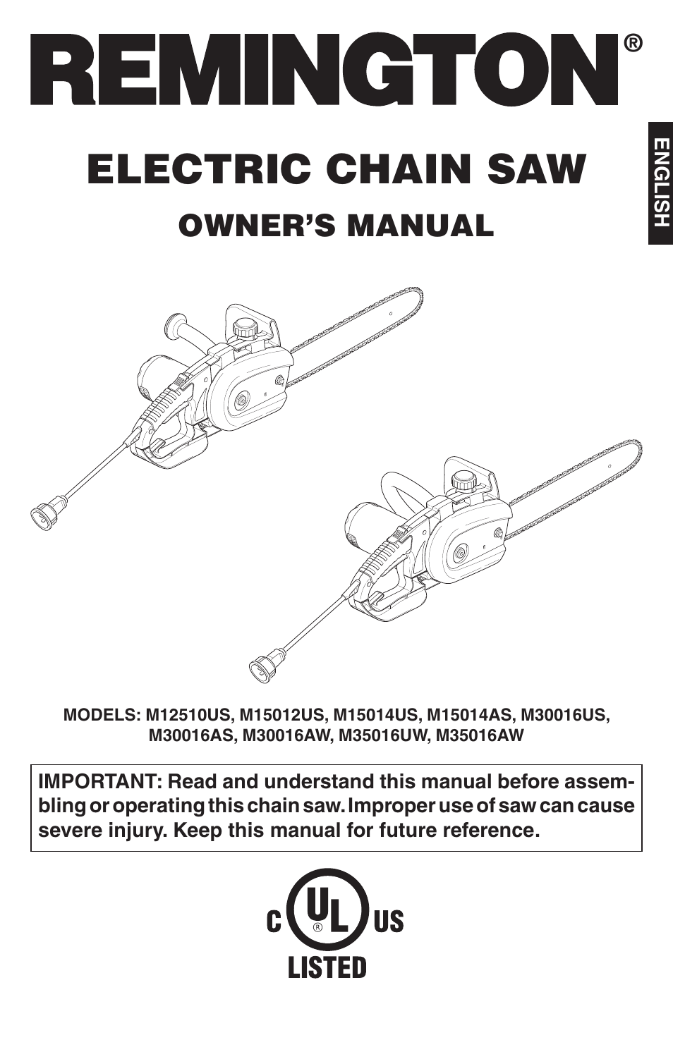 Electric chain saw, Owner’s manual | Remington Power Tools Electric Chain Saw User Manual | Page 3 / 72