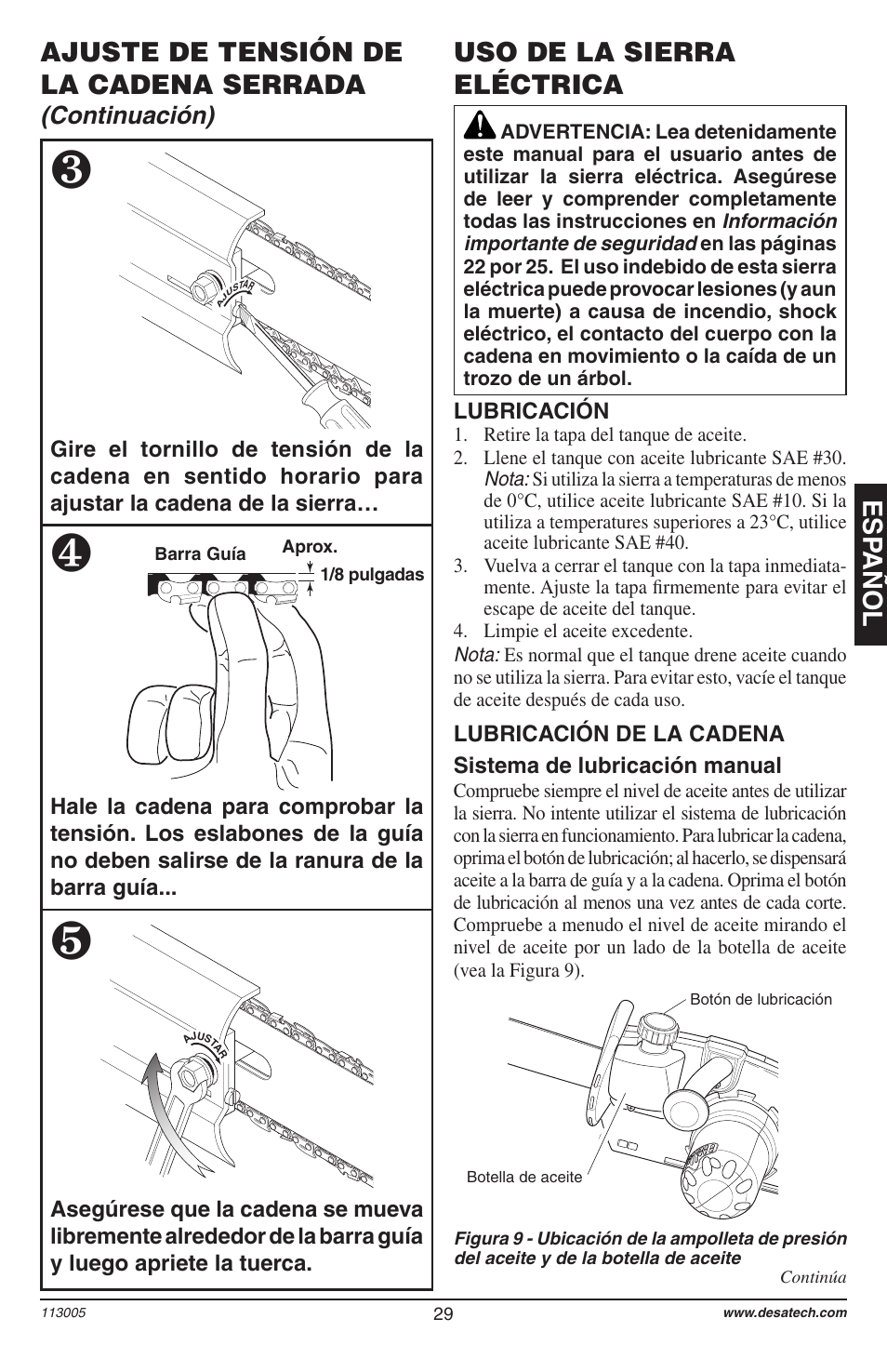 Esp añol, Ajuste de tensión de la cadena serrada, Uso de la sierra eléctrica | Continuación) | Remington Power Tools Electric Chain Saw User Manual | Page 31 / 72