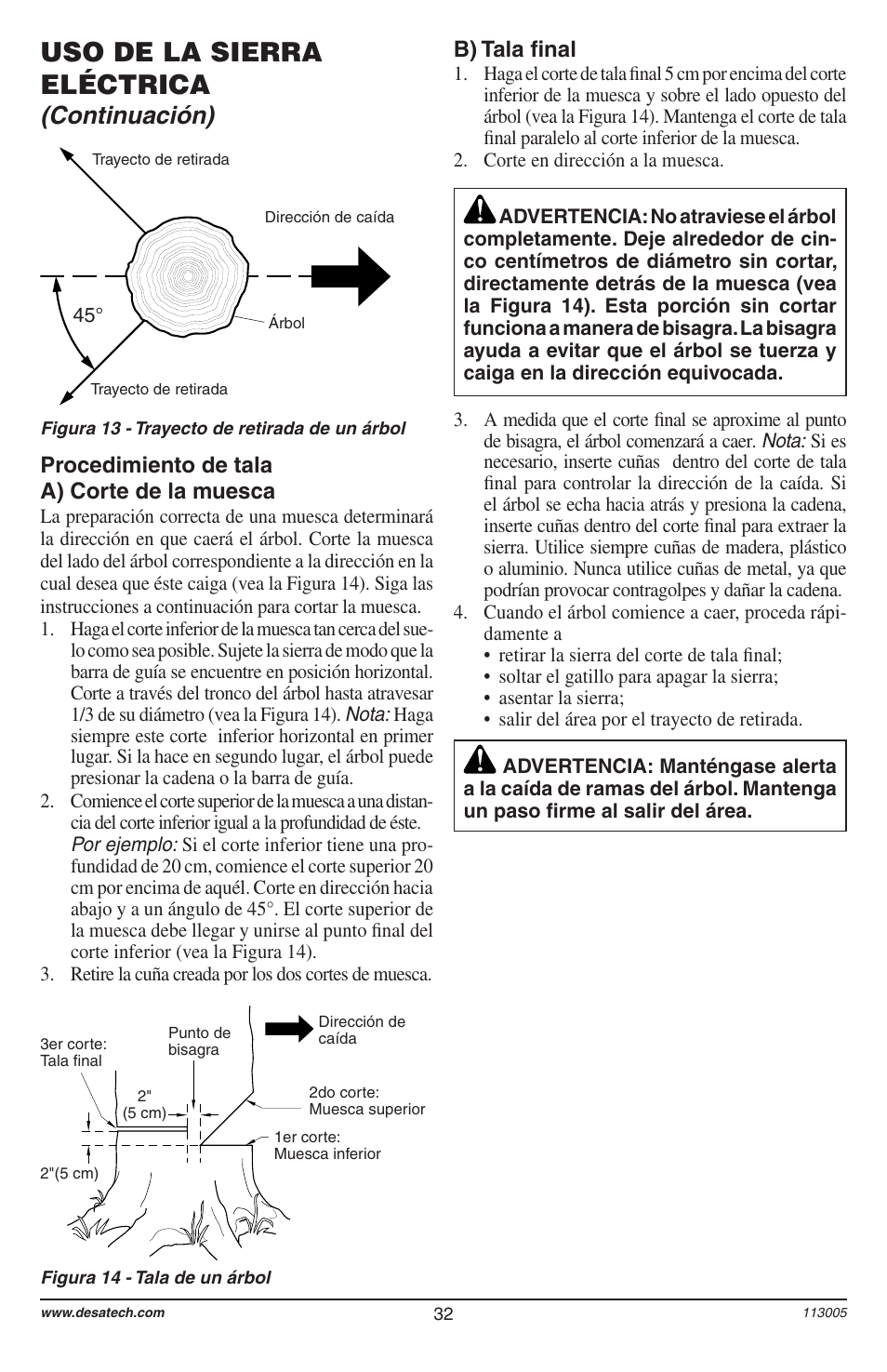 Uso de la sierra eléctrica, Continuación), Procedimiento de tala a) corte de la muesca | B) tala ﬁnal | Remington Power Tools Electric Chain Saw User Manual | Page 34 / 72