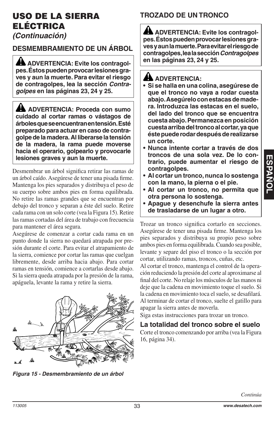 Esp añol uso de la sierra eléctrica, Continuación) | Remington Power Tools Electric Chain Saw User Manual | Page 35 / 72