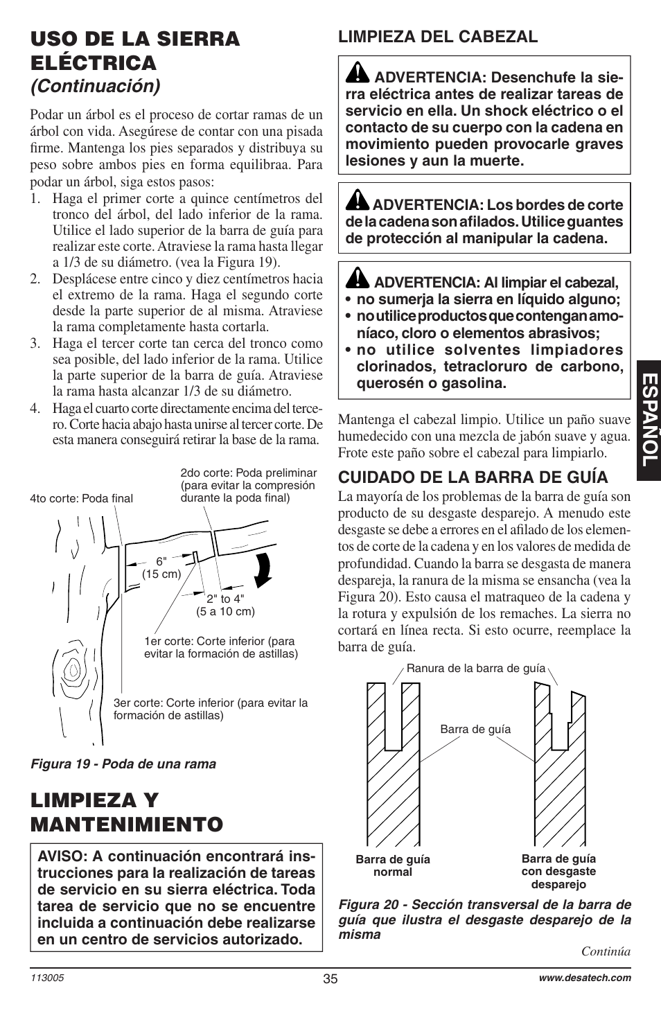 Esp añol, Uso de la sierra eléctrica, Limpieza y mantenimiento | Continuación), Limpieza del cabezal, Cuidado de la barra de guía | Remington Power Tools Electric Chain Saw User Manual | Page 37 / 72