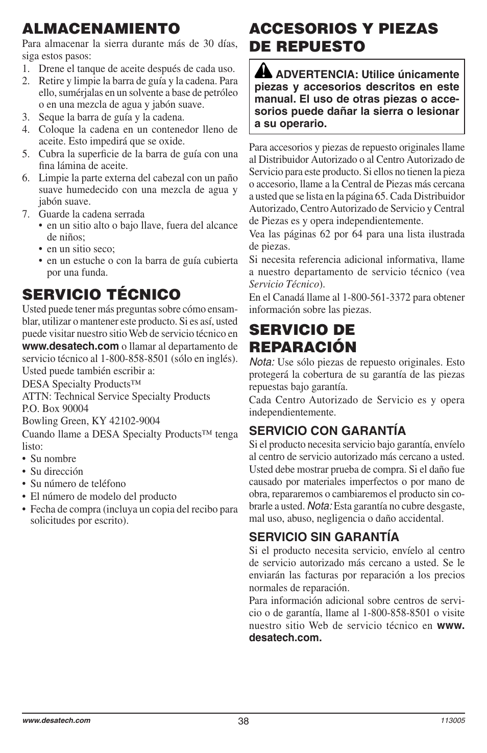 Almacenamiento, Accesorios y piezas de repuesto servicio técnico, Servicio de reparación | Remington Power Tools Electric Chain Saw User Manual | Page 40 / 72