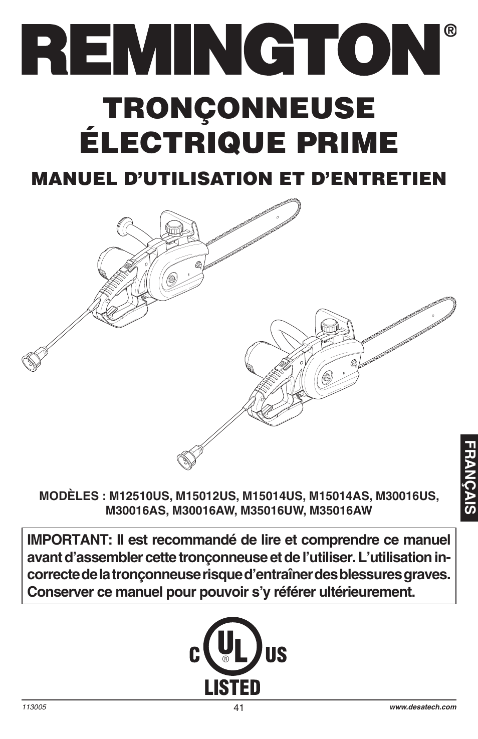 Tronçonneuse électrique prime, Manuel d’utilisation et d’entretien | Remington Power Tools Electric Chain Saw User Manual | Page 43 / 72