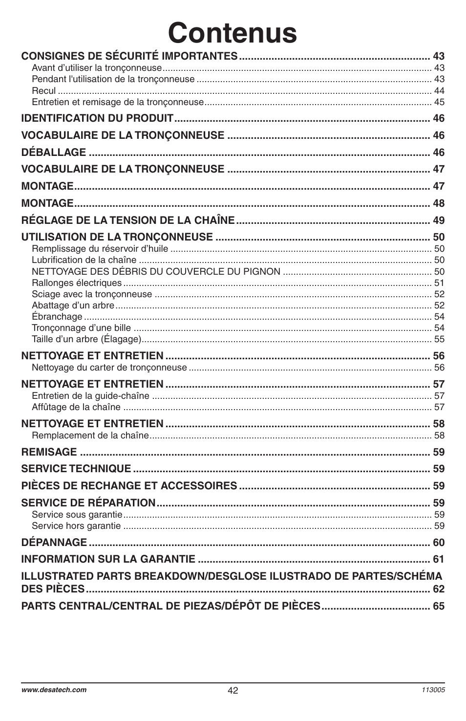 Contenus | Remington Power Tools Electric Chain Saw User Manual | Page 44 / 72