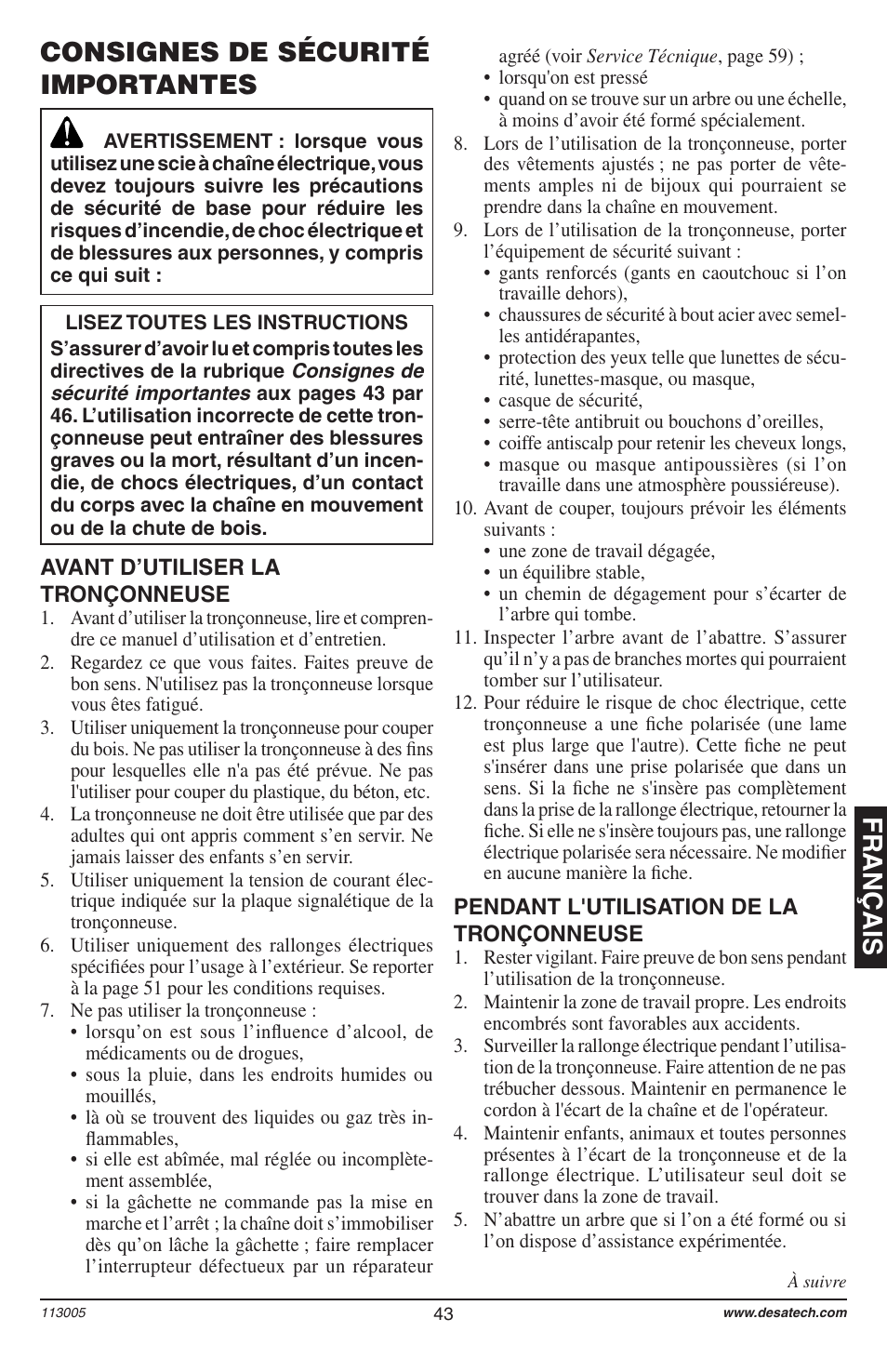 Français consignes de sécurité importantes | Remington Power Tools Electric Chain Saw User Manual | Page 45 / 72