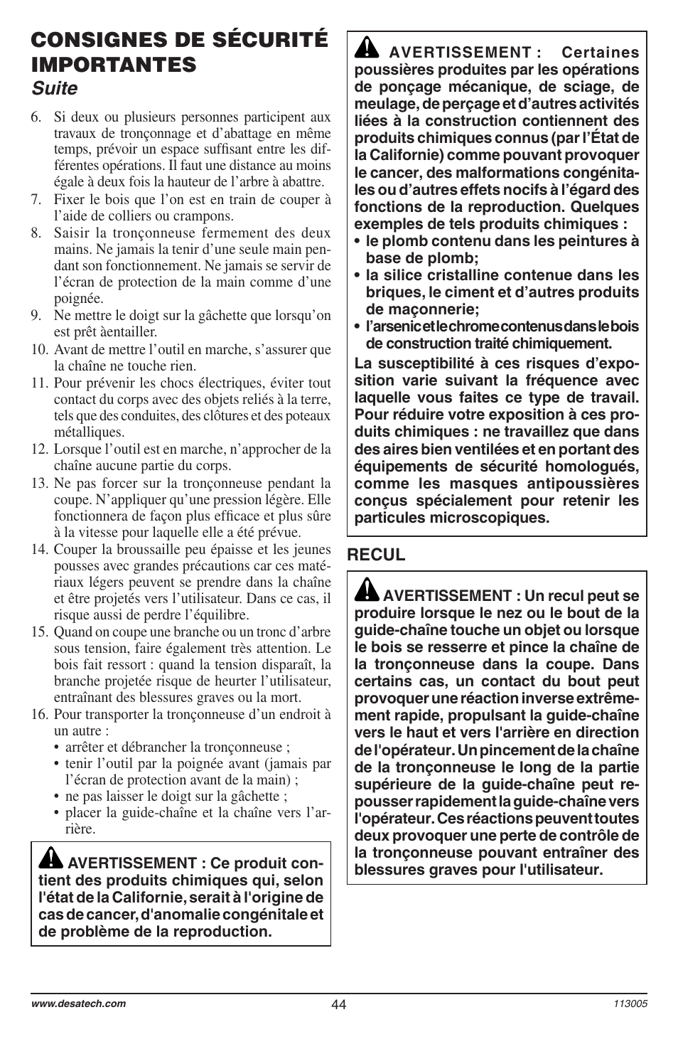 Consignes de sécurité importantes, Suite | Remington Power Tools Electric Chain Saw User Manual | Page 46 / 72