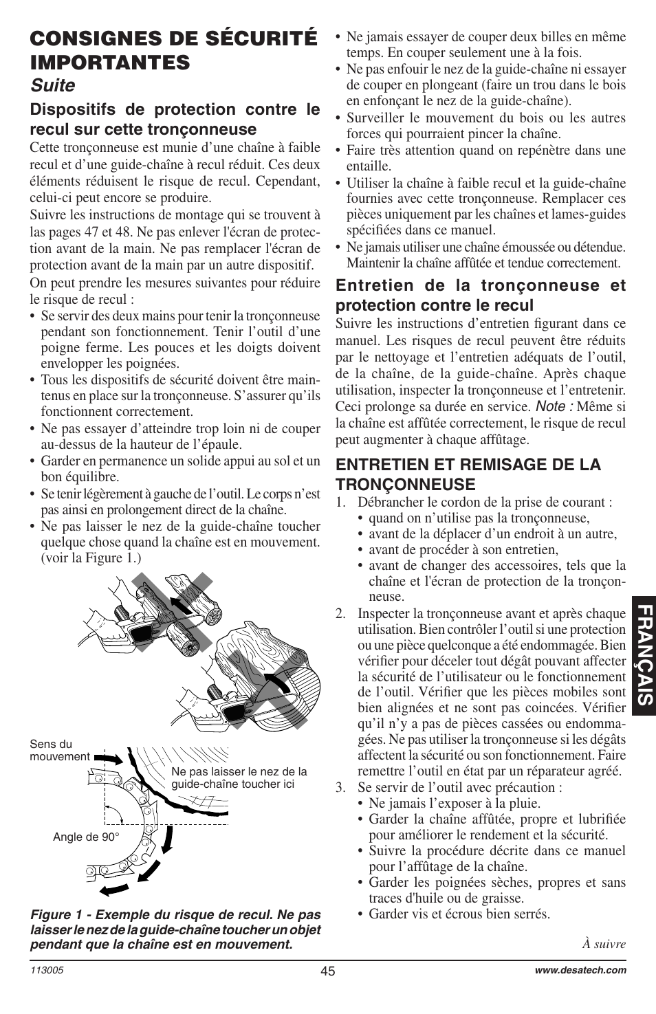 Français, Consignes de sécurité importantes, Suite | Remington Power Tools Electric Chain Saw User Manual | Page 47 / 72