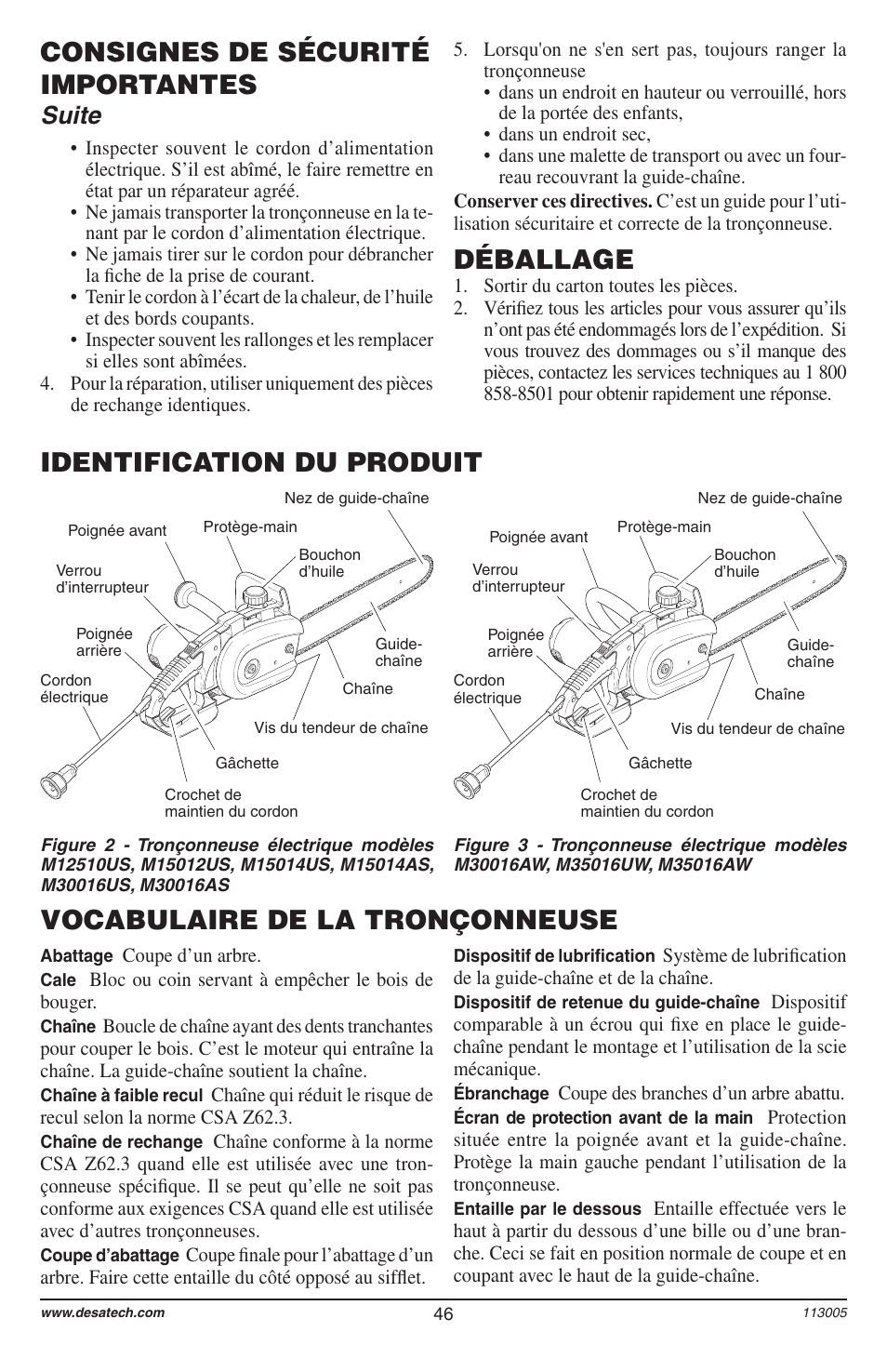 Consignes de sécurité importantes, Identification du produit déballage, Vocabulaire de la tronçonneuse | Suite | Remington Power Tools Electric Chain Saw User Manual | Page 48 / 72