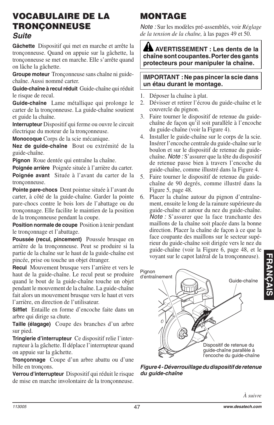 Français, Vocabulaire de la tronçonneuse, Montage | Suite | Remington Power Tools Electric Chain Saw User Manual | Page 49 / 72