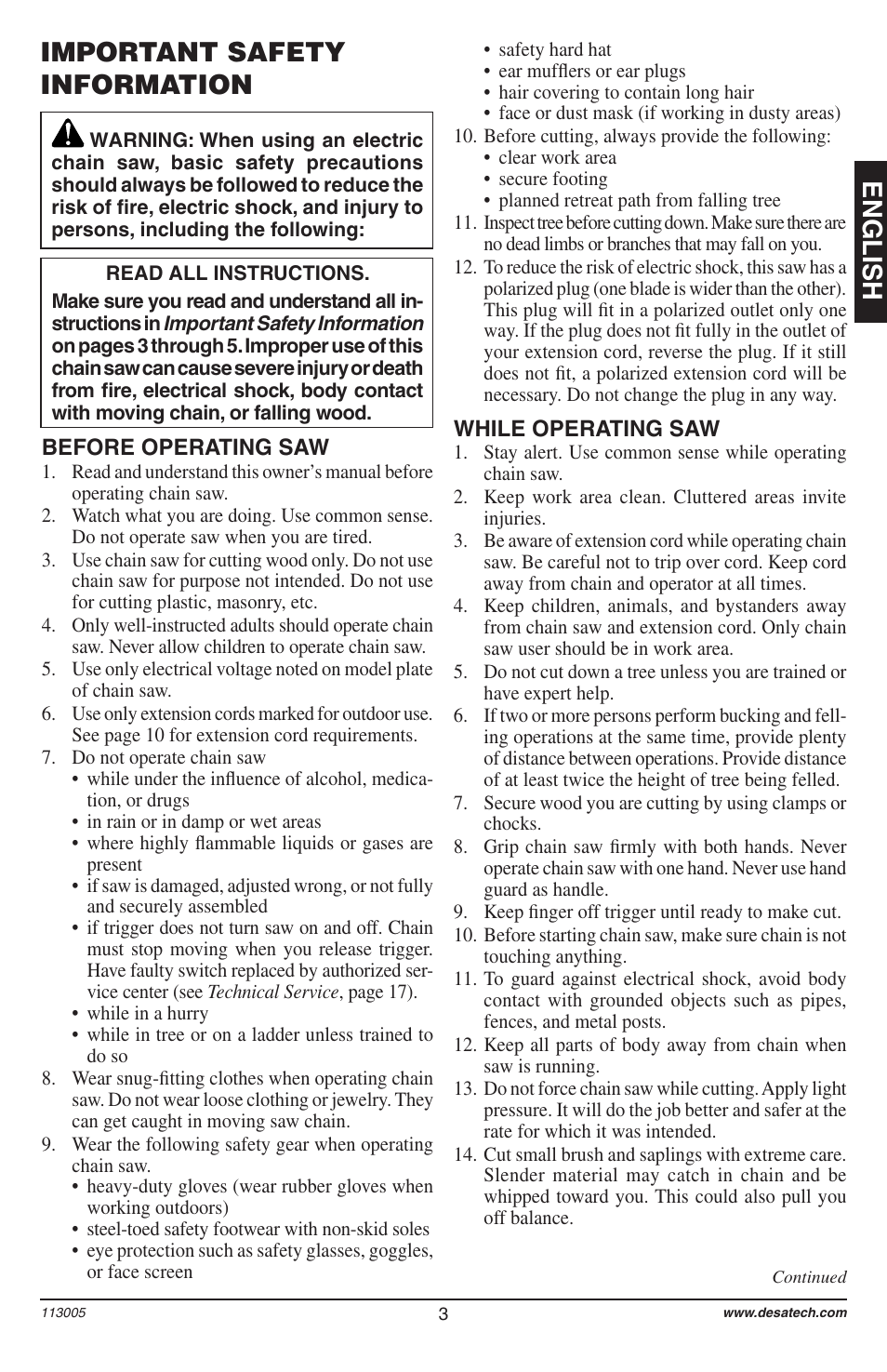 English important safety information | Remington Power Tools Electric Chain Saw User Manual | Page 5 / 72