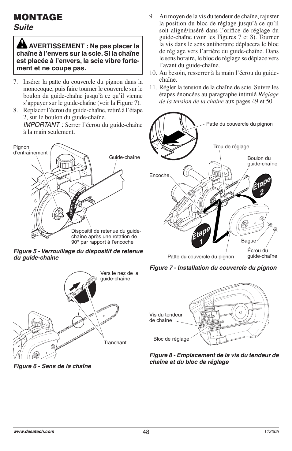 Montage, Suite, Étape 1 étape 2 | Remington Power Tools Electric Chain Saw User Manual | Page 50 / 72