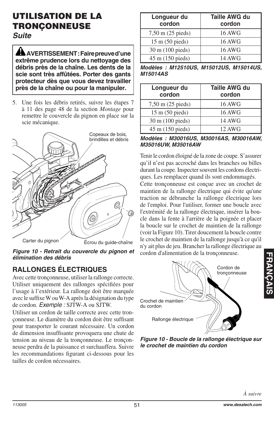 Français, Utilisation de la tronçonneuse, Suite | Rallonges électriques | Remington Power Tools Electric Chain Saw User Manual | Page 53 / 72