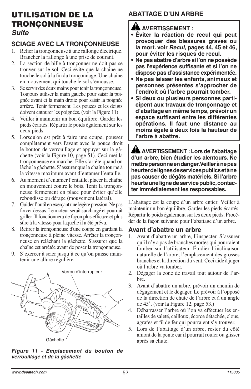 Utilisation de la tronçonneuse, Suite | Remington Power Tools Electric Chain Saw User Manual | Page 54 / 72