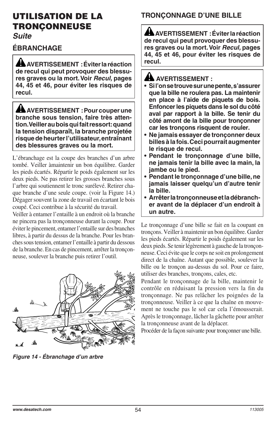 Utilisation de la tronçonneuse, Suite | Remington Power Tools Electric Chain Saw User Manual | Page 56 / 72