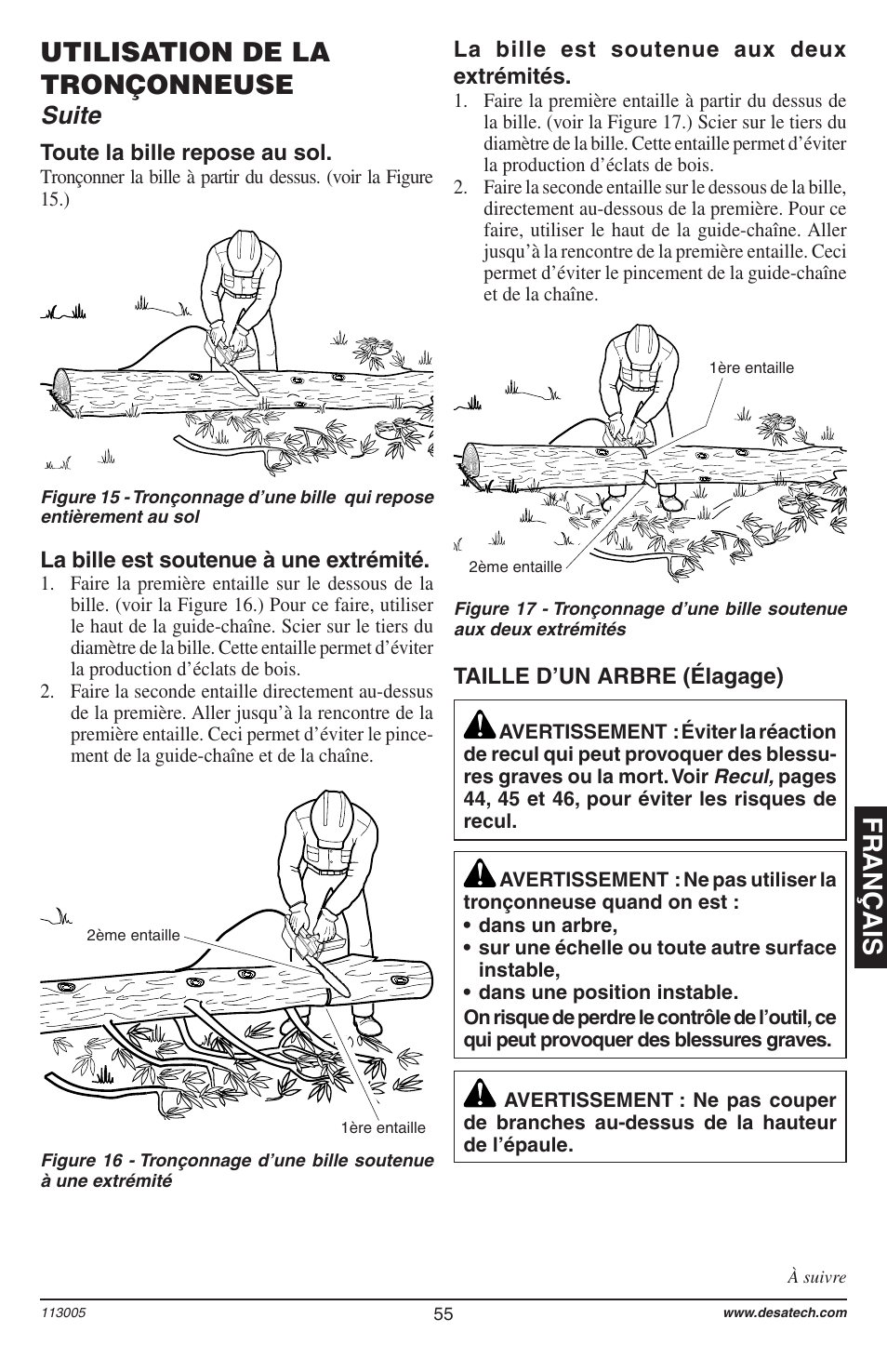 Français utilisation de la tronçonneuse, Suite | Remington Power Tools Electric Chain Saw User Manual | Page 57 / 72