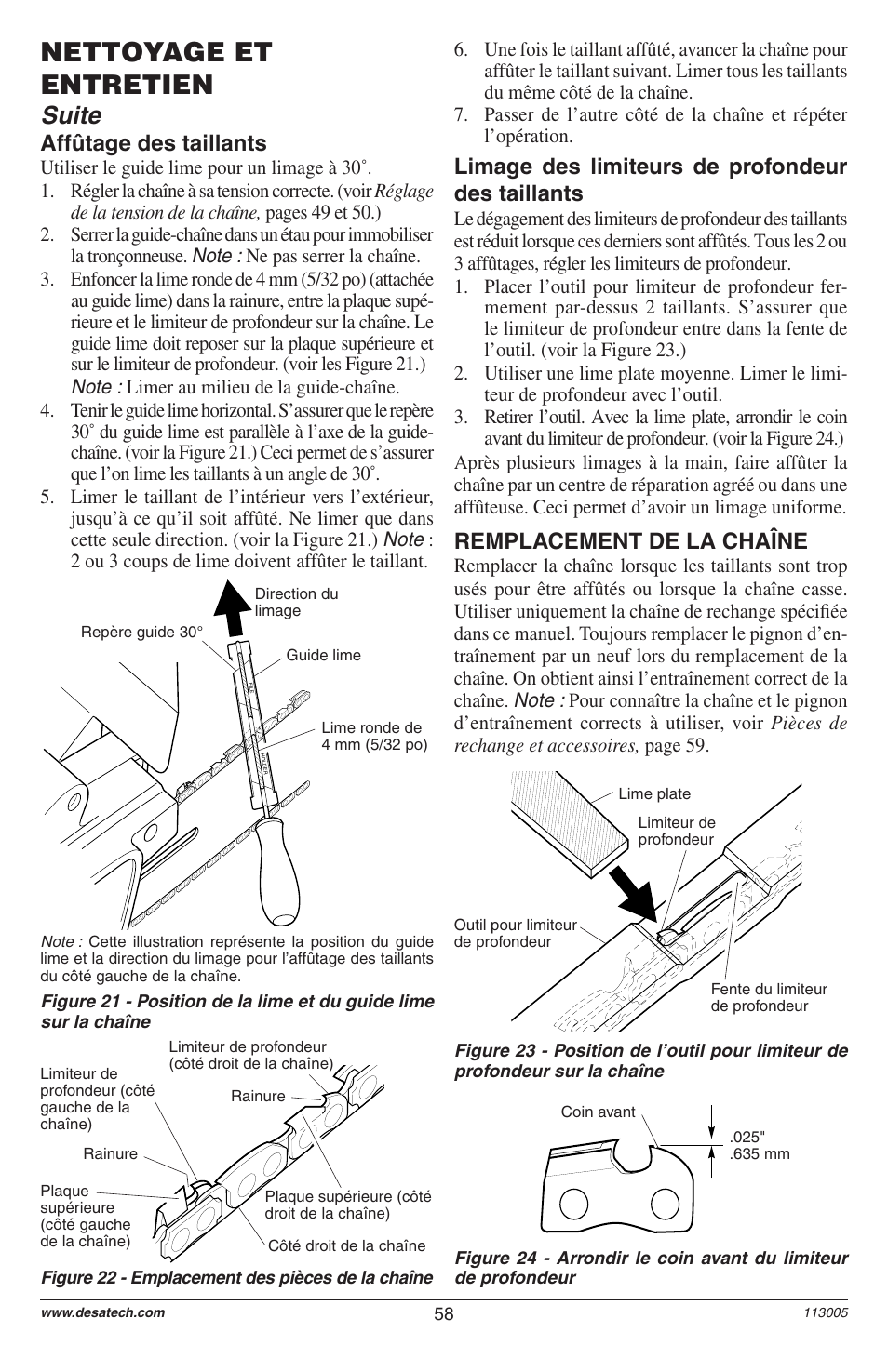 Nettoyage et entretien, Suite, Affûtage des taillants | Limage des limiteurs de profondeur des taillants, Remplacement de la chaîne | Remington Power Tools Electric Chain Saw User Manual | Page 60 / 72