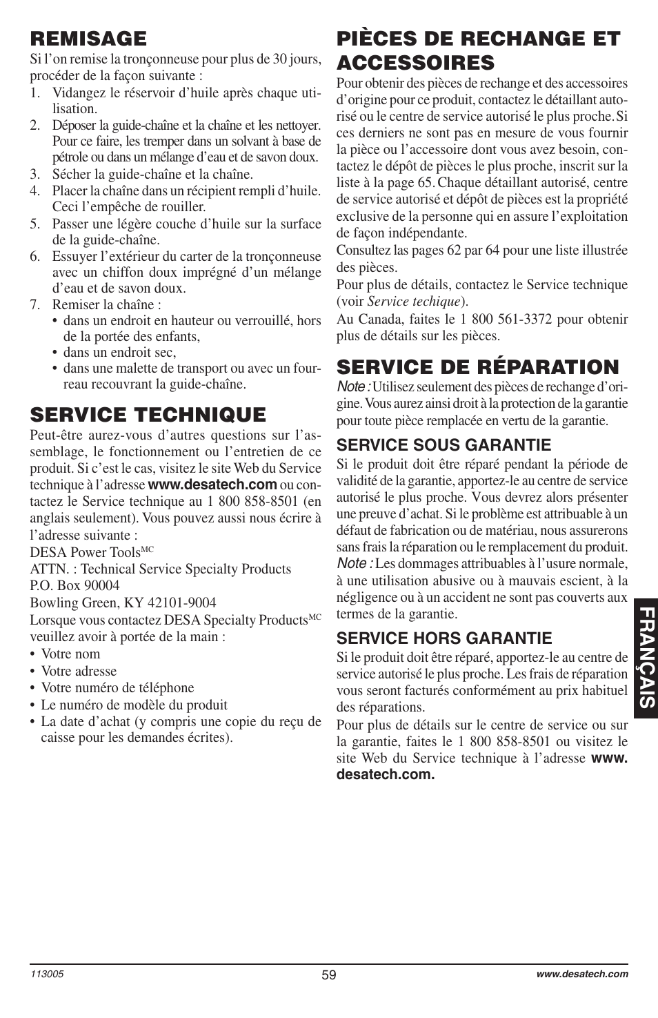 Français remisage, Service de réparation, Service technique | Pièces de rechange et accessoires | Remington Power Tools Electric Chain Saw User Manual | Page 61 / 72