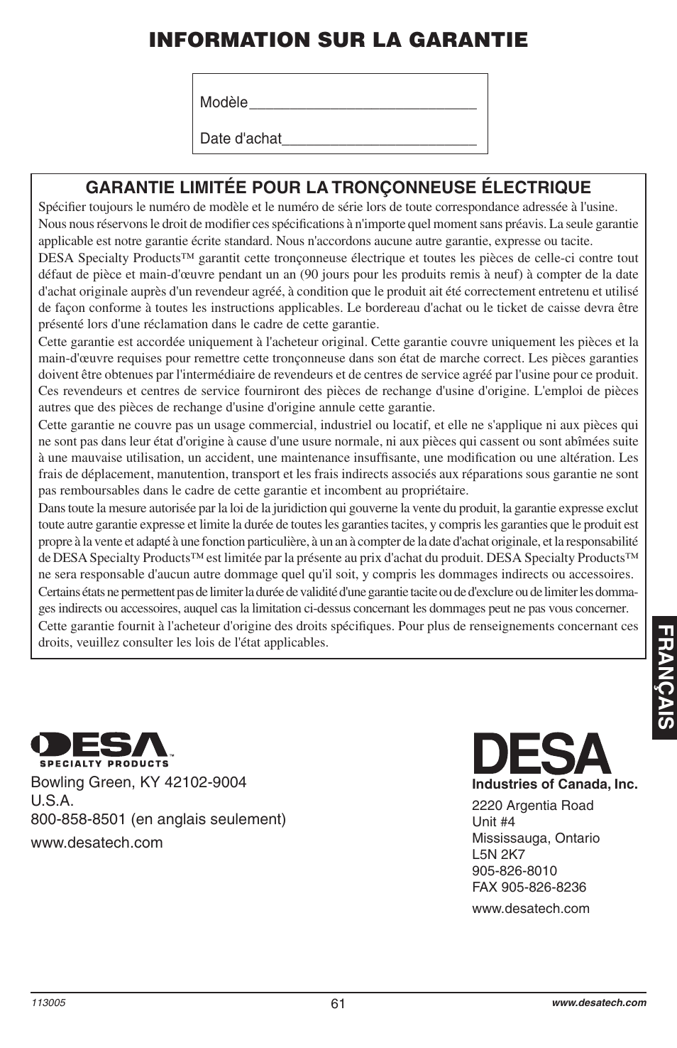 Français information sur la garantie | Remington Power Tools Electric Chain Saw User Manual | Page 63 / 72