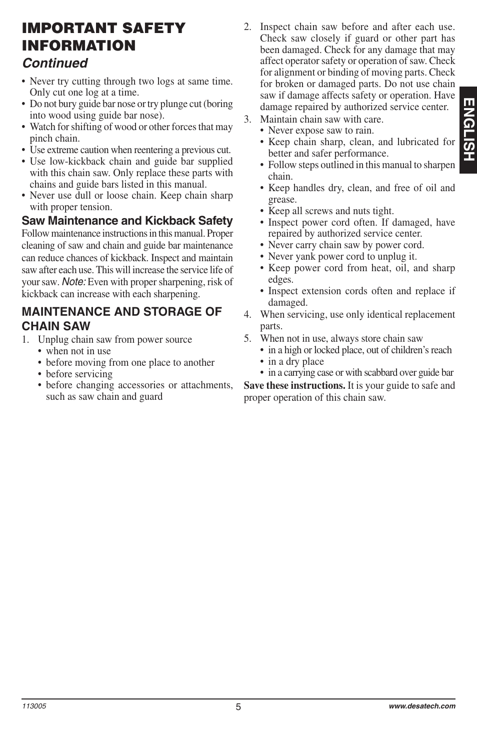 English important safety information, Continued | Remington Power Tools Electric Chain Saw User Manual | Page 7 / 72