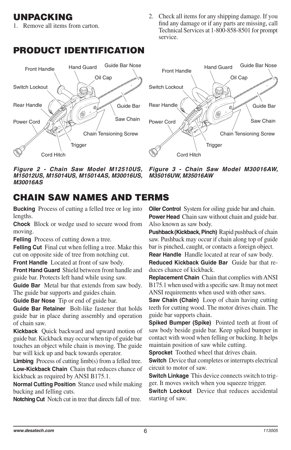 Product identification, Unpacking, Chain saw names and terms | Remington Power Tools Electric Chain Saw User Manual | Page 8 / 72