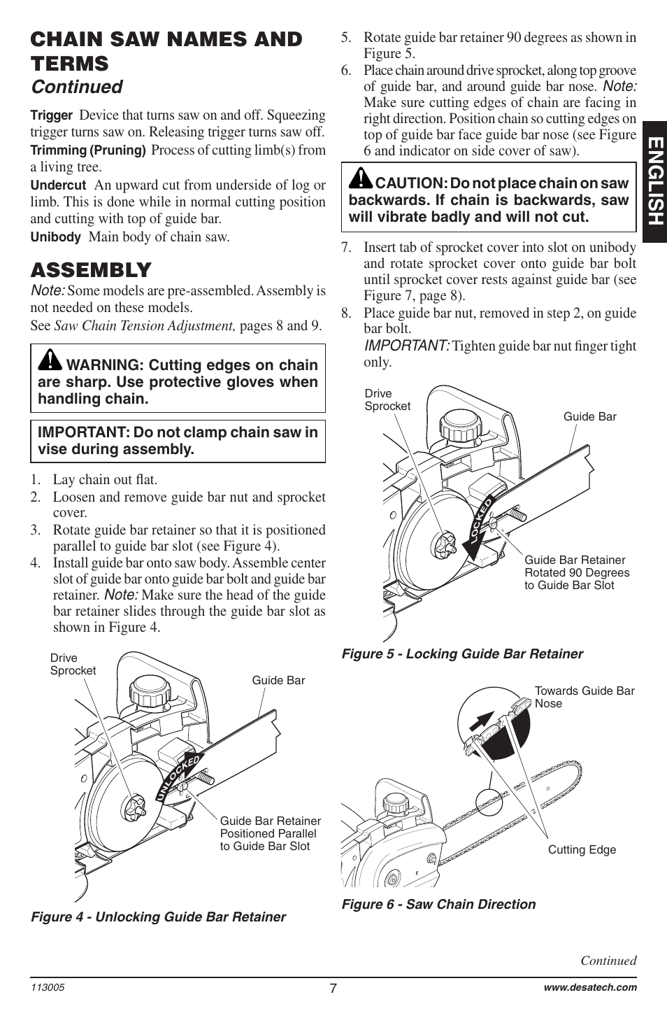 English assembly, Chain saw names and terms, Continued | Remington Power Tools Electric Chain Saw User Manual | Page 9 / 72